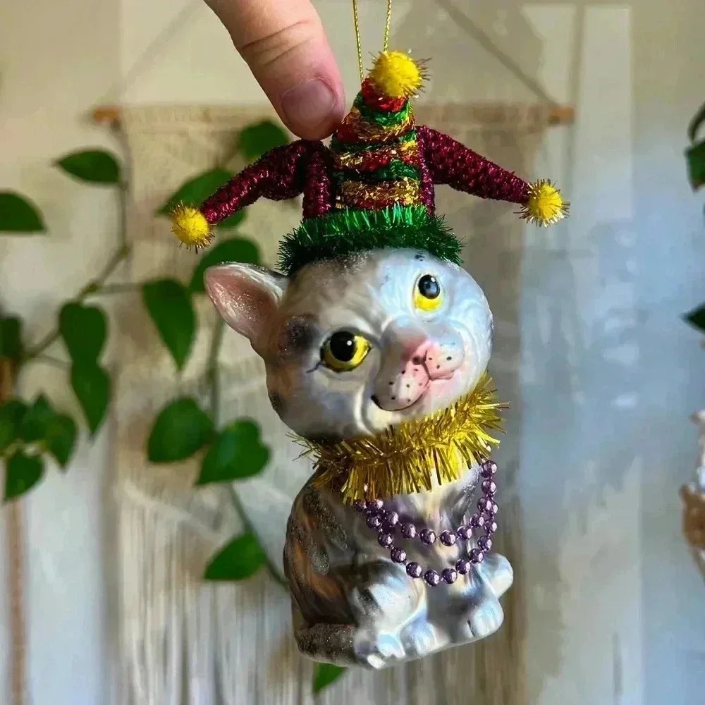 5” Festive Cat Christmas Ornament | Glass Holiday Décor